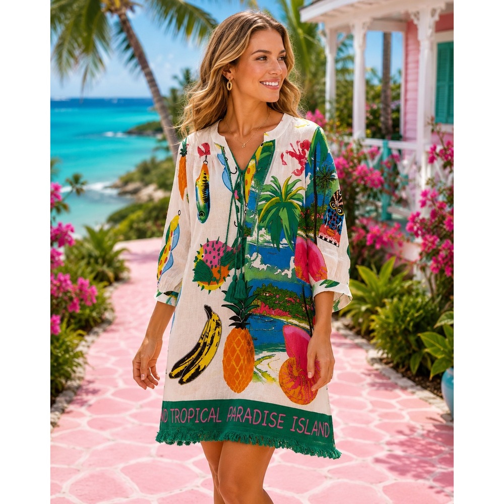 True Destinations Tropical Paradise Island Cotton Tunic Dress XS Fringe Tassel